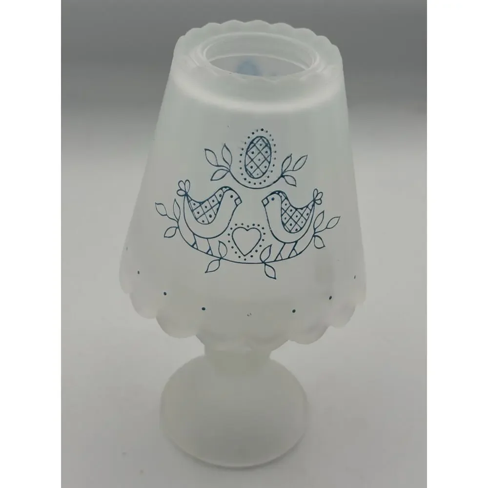 Vtg Fairy Lamp Frosted Glass Candle Holder Blue Birds Cottage Core Dutch FREE SH